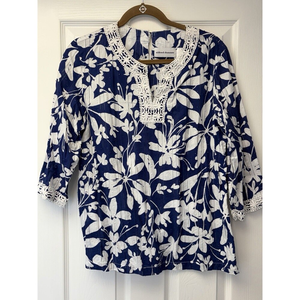 Alfred Dunmer Women’s 1/2 Sleeve 100% Cotton Top Tunic Blue And White Floral 14